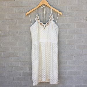 Trina Turk White Beaded Neckline Halter Dress